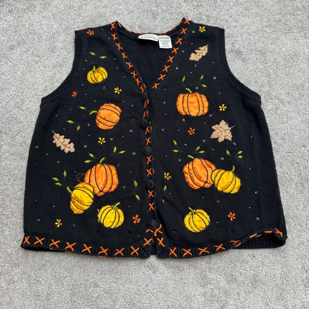 Vintage 90s Basic Editions Pumpkin Sweater Vest Womens XL Black Halloween Button